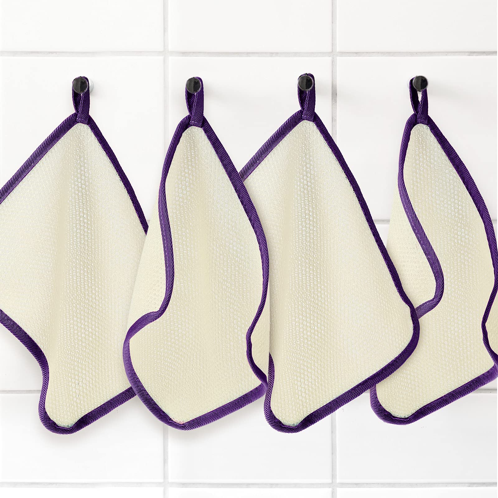 Tatuo 5 Pcs Exfoliating Face and Body Wash Cloths Towel Weave Bath Exfoliating Scrub Massage Bath Cloth for Women and Men, 10.63 x 9.05 Inch (Purple Edge)